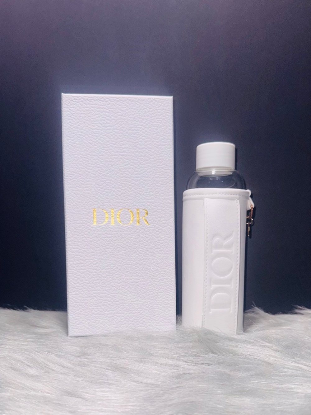 Dior Glass Water Bottle with White Faux Leather Sleeve~NIB